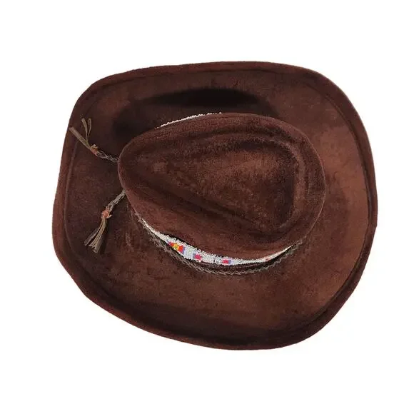 Vintage 80s Cowboy Brown Velour Cowboy Hat Native American Beaded Hatband USA - Picture 4 of 7